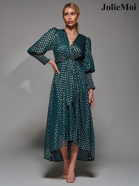 Jolie Moi Green Puff Sleeve Metallic Spot Print Dip Hem Maxi Dress (G51498) | €77
