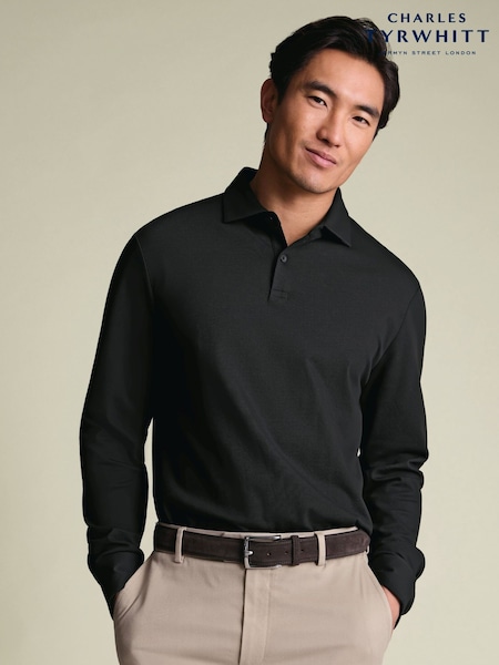 Black - Regular Charles Tyrwhitt Long Sleeve Cotton Stretch Smart Pique Polo Shirt