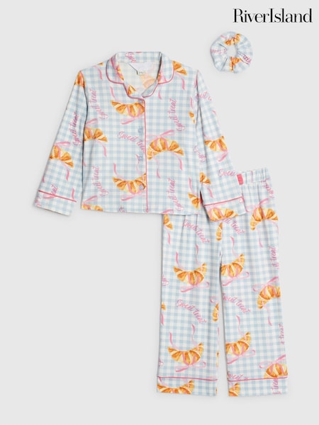River Island Blue Long Sleeve Croissant Pyjamas (G52434) | R$ 195