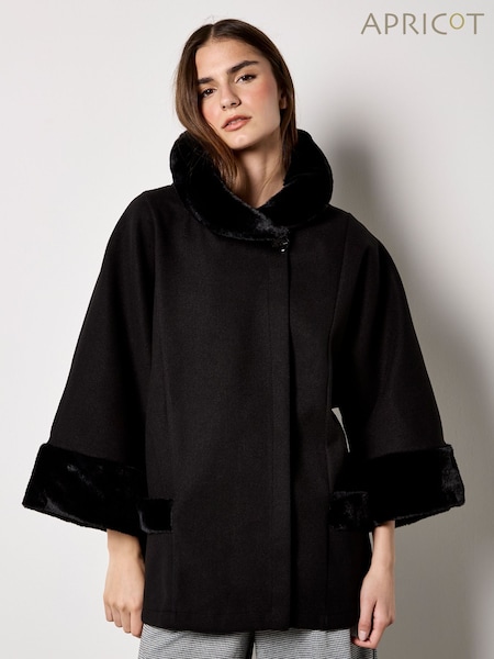 Apricot Black Faux Fur Collar Two Pocket Wrap Jacket (G52587) | €69