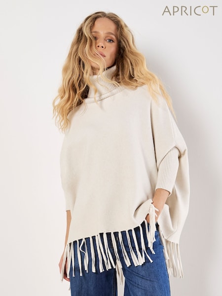 Apricot Cream Roll Neck Fringe Poncho Jumper (G52589) | €58