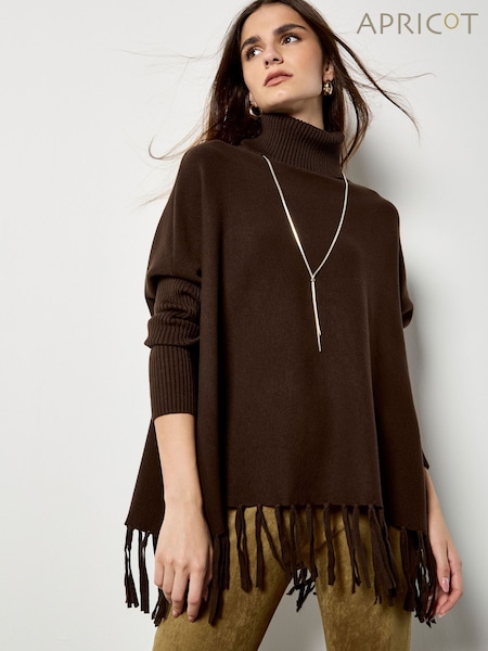 Apricot Brown Roll Neck Fringe Poncho Jumper (G52593) | €58