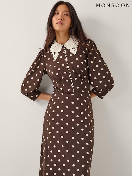 Monsoon Brown Paris Polka Dot Jersey Midi Dress (G52614) | €95