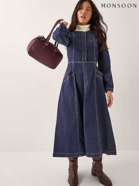 Monsoon Blue Vivian Button Denim Midi Dress (G52615) | €108