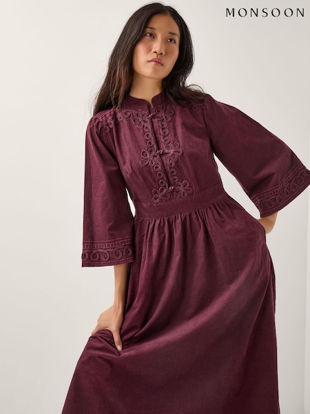 Monsoon Red Jimena Embroidered Corduroy Midi Dress (G52625) | €134