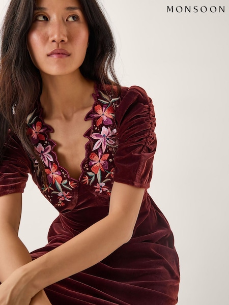 Monsoon Brown Josie Floral Embroidered Velvet Midi Dress (G52627) | €121