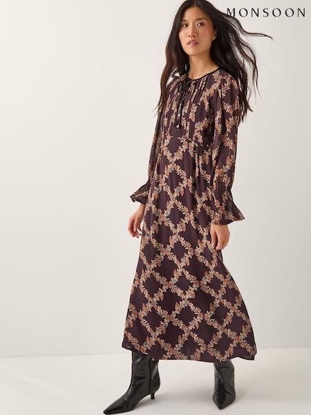 Monsoon Brown Cheryl Diamond Floral Print Midi Dress (G52628) | €108