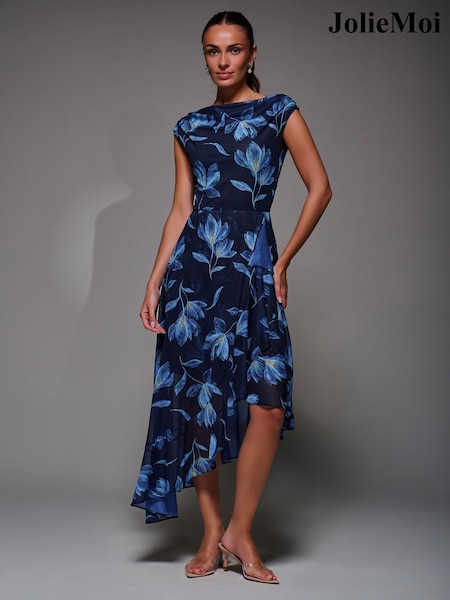 Jolie Moi Blue Asymmetrical Draped Mesh Midaxi Dress (G52713) | €95