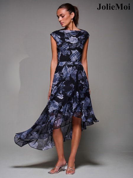Jolie Moi Black Asymmetrical Draped Mesh Midaxi Dress (G52714) | €95