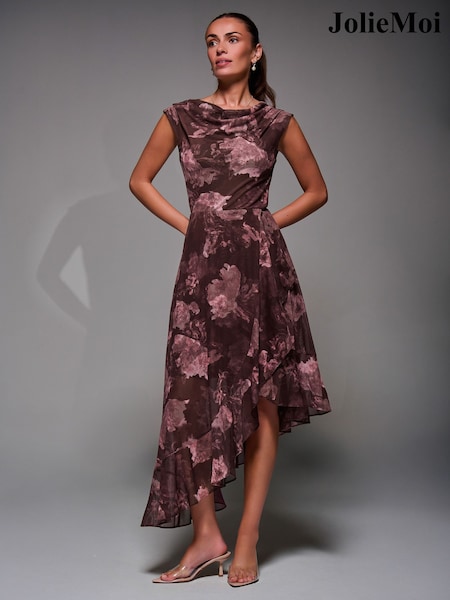 Jolie Moi Dark Brown Asymmetrical Draped Mesh Midaxi Dress (G52719) | €95