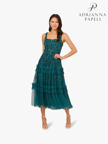 Adrianna Papell Green Beaded Mesh Ruffle Dress (G52730) | 1,480 QAR