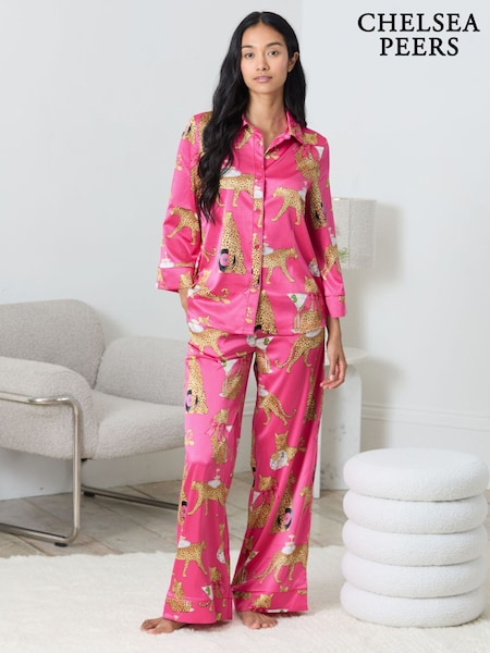 Chelsea Peers Pink Satin Cocktail Hour Leopard Print Long Pyjamas Set (G52865) | R$ 545