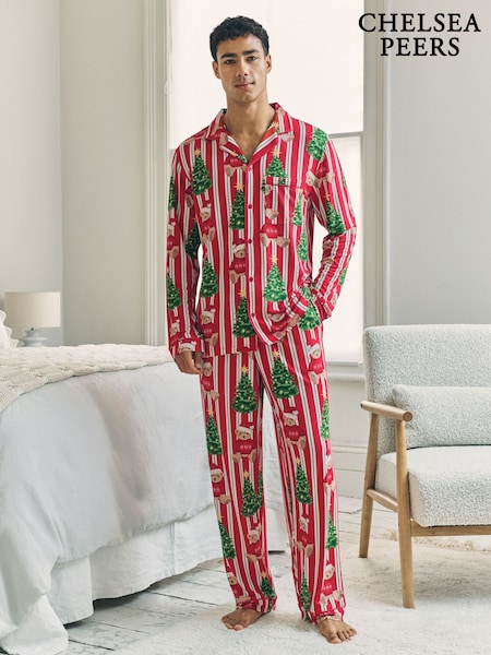 Chelsea Peers Red Christmas Teddy Bear Stripe Print Long Pyjamas Set (G52884) | €68
