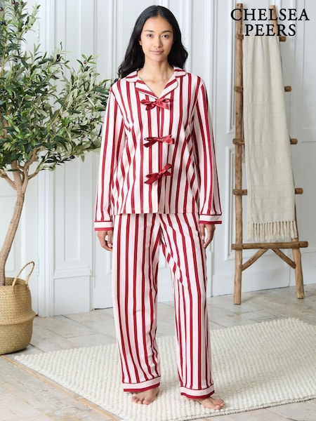 Chelsea Peers Pink Cotton Stripe Tie Front Long Pyjamas Set (G52886) | €82