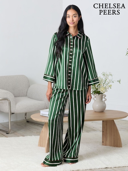 Chelsea Peers Green Satin Stripe Long Pyjamas Set (G52890) | €78