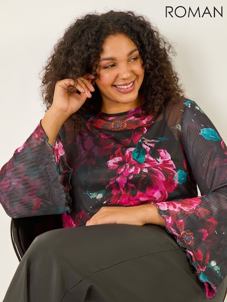 Roman Red Curve Floral Mesh Print Tunic Top (G52905) | €51