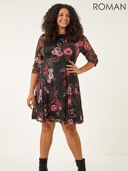 Roman Red Curve Floral Print Lace Dress (G52910) | €69