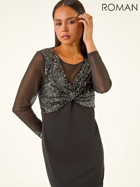 Roman Black Petite Sequin Contrast Knot Midi Dress (G52913) | €115