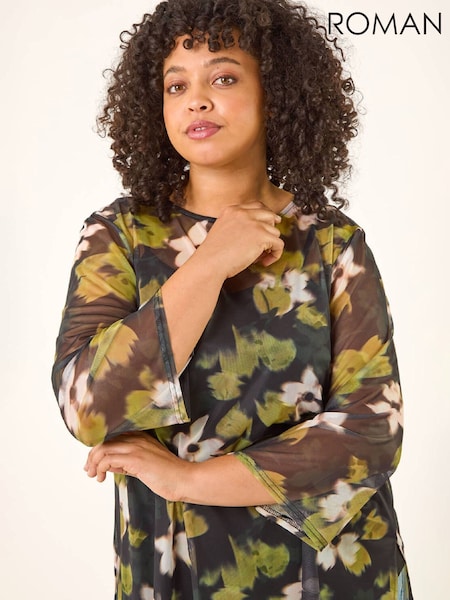 Roman Green Curve Floral Print Mesh Tunic Top (G52916) | €51