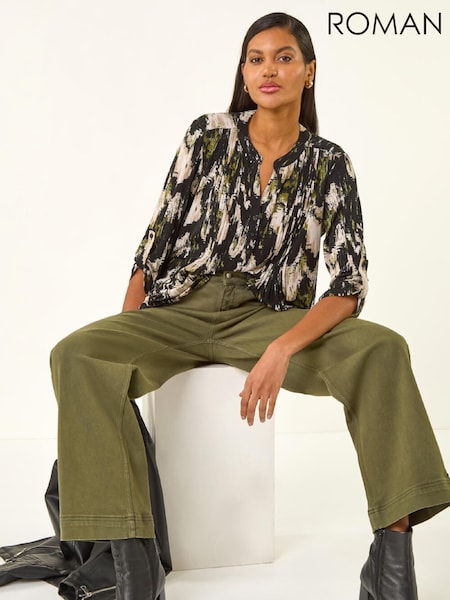 Roman Black Abstract Print Pintuck Stretch Shirt (G53348) | €58