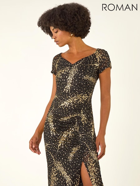Roman Black Foil Print Lace Ruched Midi Dress (G53353) | €83