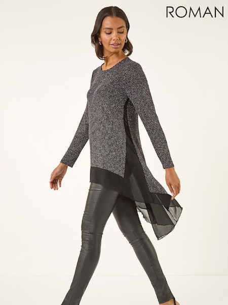 Roman Black Shimmer Chiffon Hem Stretch Tunic Top (G53358) | €58