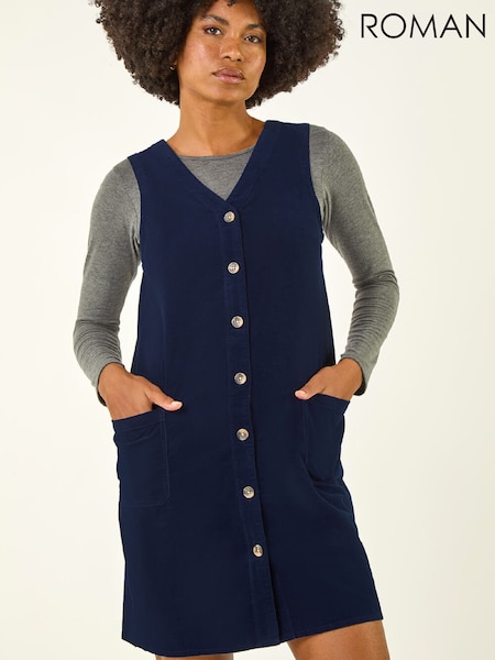 Roman Blue Cotton V-Neck Button Pocket Dress (G53371) | €60