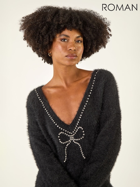 Roman Black Fluffy Embellished Bow Knit Jumper (G53405) | €60