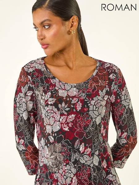 Roman Red Floral Puff Print Hanky Hem Tunic Top (G53411) | €45