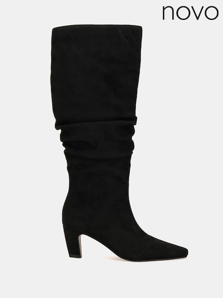 ブラック - Novo Grace Mid Heel Point Ruched Knee Boots (G53461) | ¥ 13,210