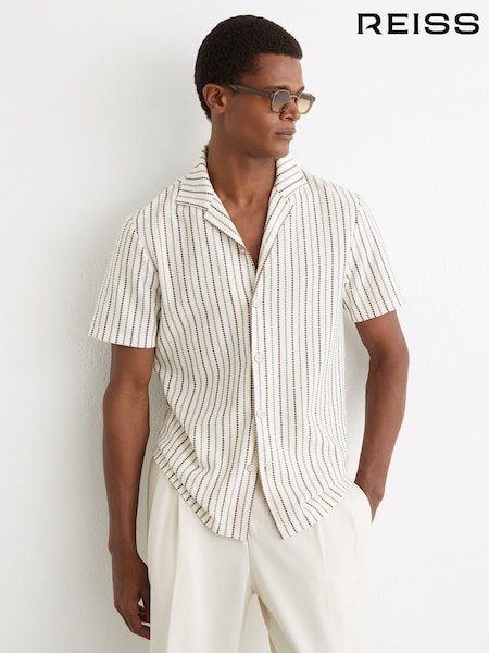 Reiss Green/Brown Multi Percy Textured-Stripe Cuban-Collar Shirt Cotton-Blend (G53603) | AED562