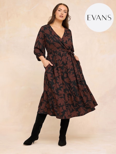Evans Silouhete Floral Wrap Midi Black Dress (G54017) | 71 €