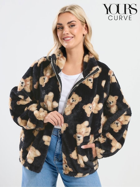Yours Curve Black Faux Fur Funnel Neck Zip Teddy Fleece (G54092) | €43