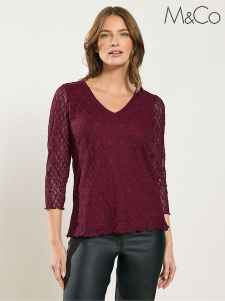 M&Co Red 3/4 Sleeve Lace Top (G54096) | €42