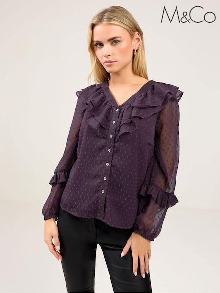 M&Co Purple Petite Dobby Ruffle Blouse (G54100) | €45