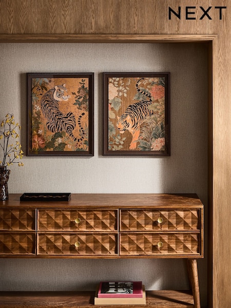 Set Of 2 Maximalist Tiger And Floral Scene Wall Art