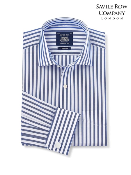 Savile Row Company Classic Fit Blue White Striped Cotton Double Cuff Formal Shirt (G54289) | ‏272 ر.ق.