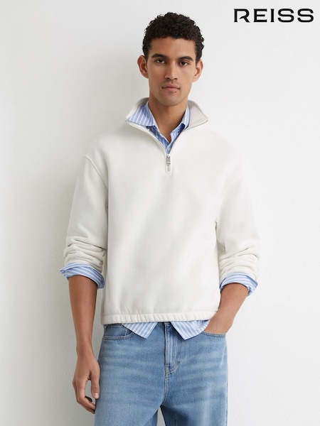 Reiss White Quinn Cotton-Blend Washed Half-Zip Sweatshirt (G54342) | AED850