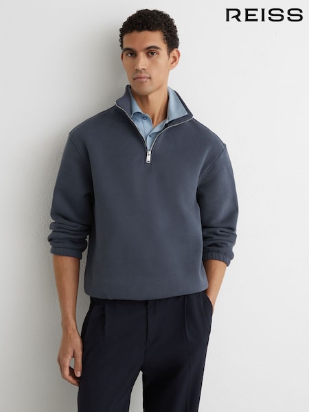 Reiss Airforce Blue Quinn Cotton-Blend Washed Half-Zip Sweatshirt (G54347) | SGD 325