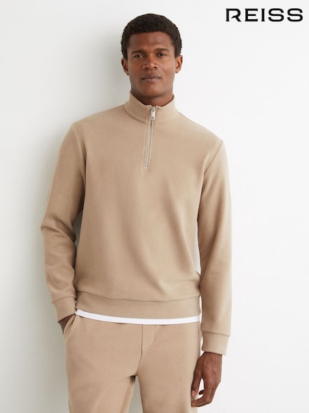 Reiss Camel Brown Bossa Cotton-Blend Ribbed Half-Zip Jumper (G54368) | €171