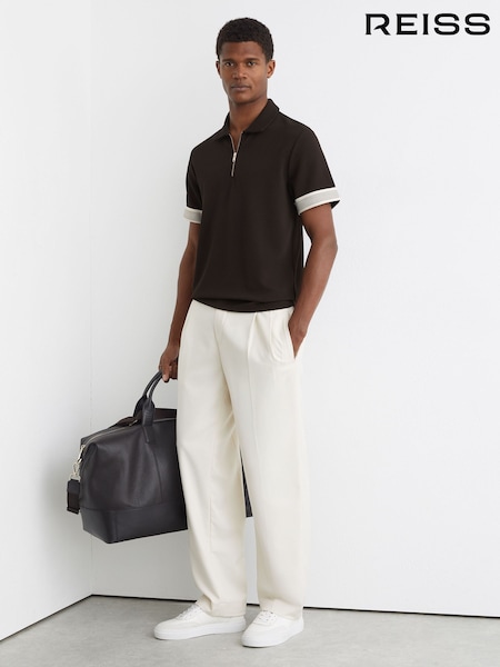 Reiss Chocolate Brown Bruno Sleeve-Trim Half-Zip Polo Shirts (G54381) | $155