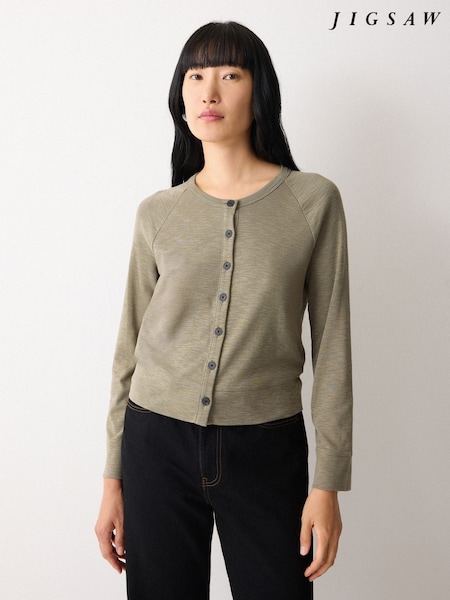Jigsaw Green Cotton Luxe Crew Cardigan (G54655) | AED437