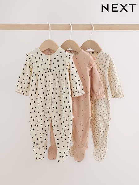 Cream/Pink Polka Dot - Baby Sleepsuits 3 Pack (0mths-2yrs)