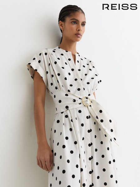 Reiss Sawyer Cotton Polka-Dot Belted Midi Dress with Stretch (G54892) | kr4 808