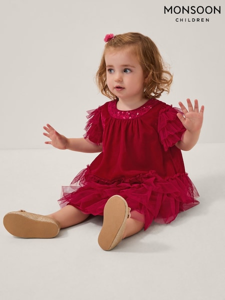 Monsoon Red Baby Alexandra Velvet Ruffle Party Dress (G55010) | €35 - €37