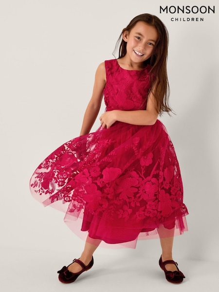 Monsoon Red Alicia Embroidered Tulle Party Dress (G55011) | AED412 - AED483
