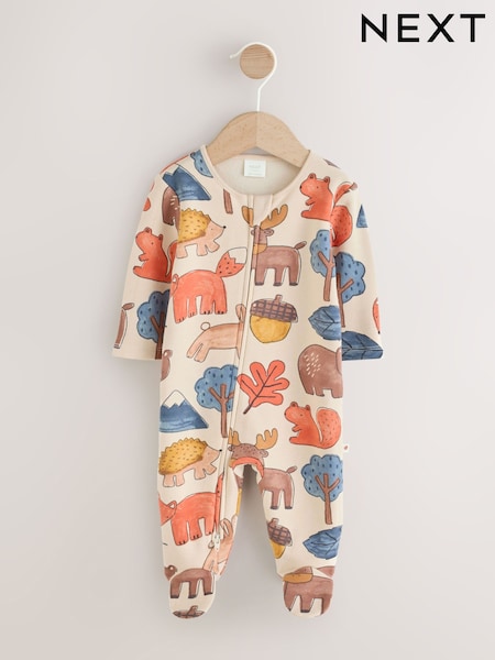 Multi Woodland Animal - Fleece Lined Two Way Zip Baby Sleepsuit