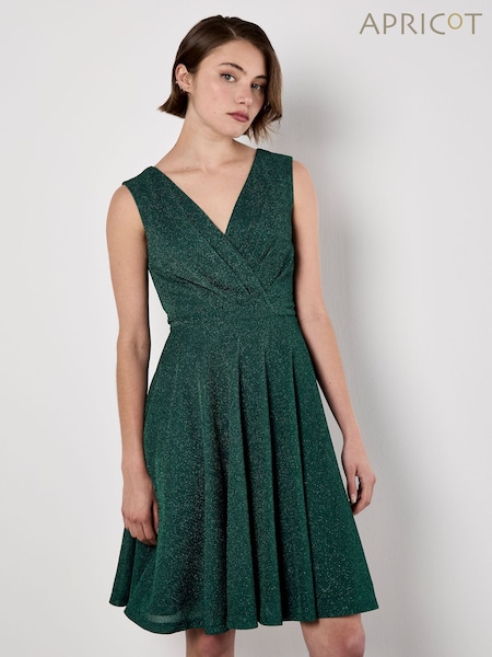 Apricot Green Lurex Pleat V-Neck Skater Dress (G55275) | €51