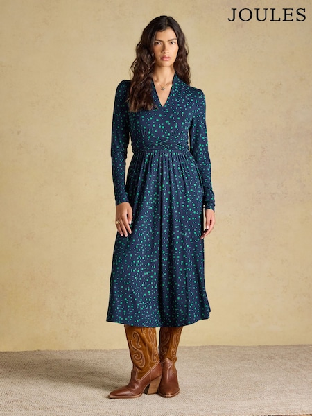 Blue/Green Spot - Joules Mina Jersey V Neck Ruched Waist Midi Dress