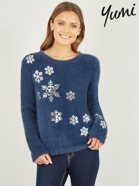 Yumi Blue Sequin Snowflake Fluffy Jumper (G55874) | R$ 445